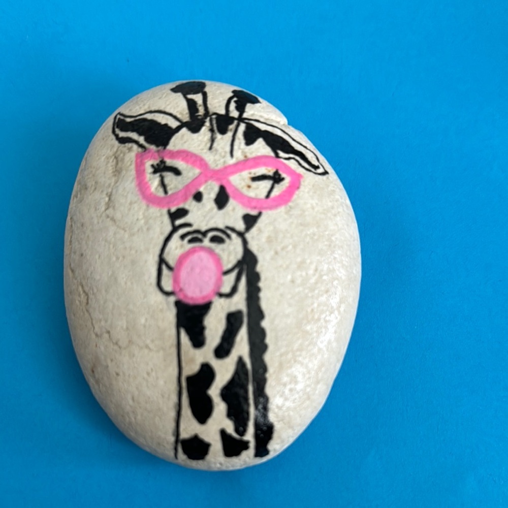 Giraffe Painted Stone with Pink Glasses